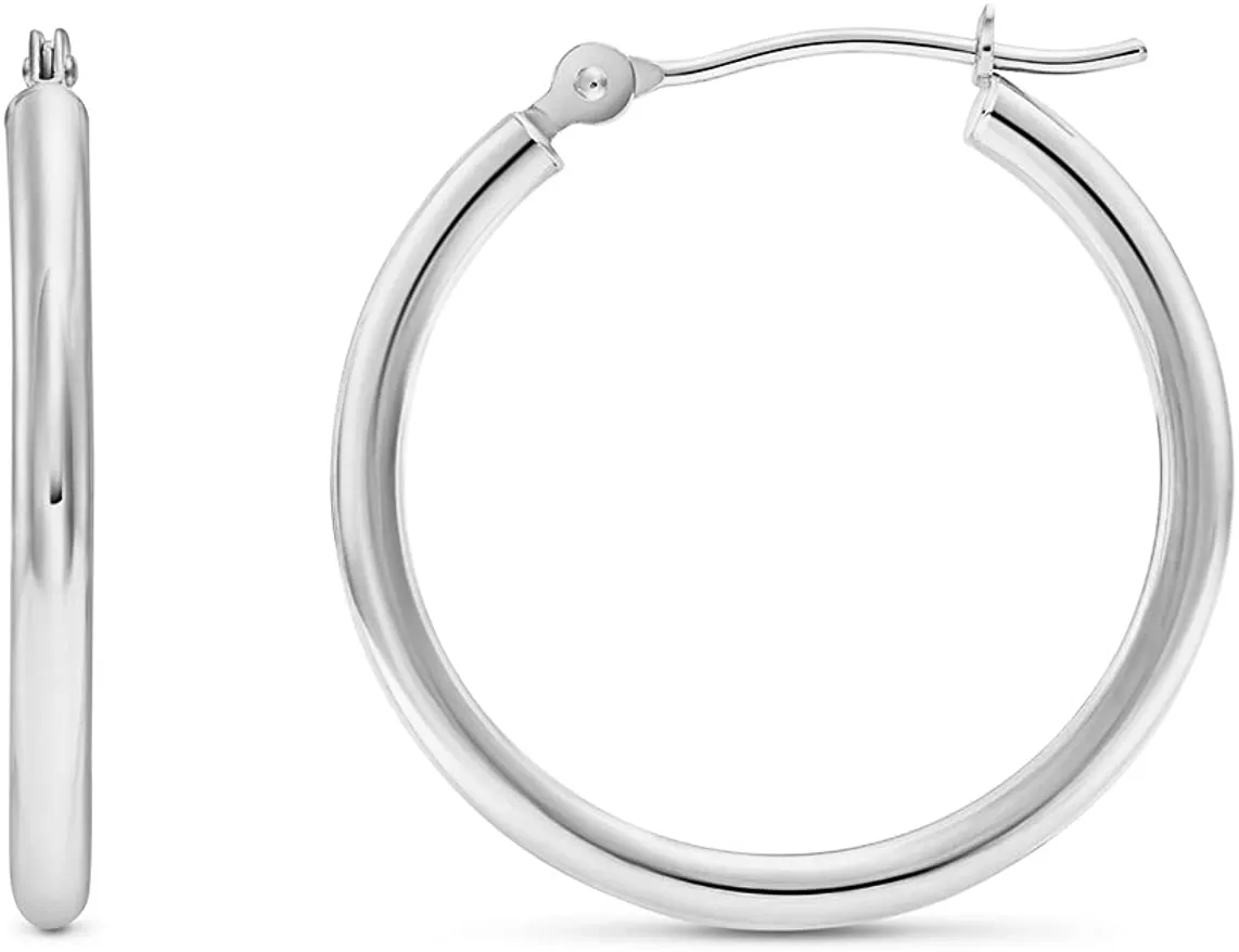 14k White Gold Classic Round Hoop Earrings
