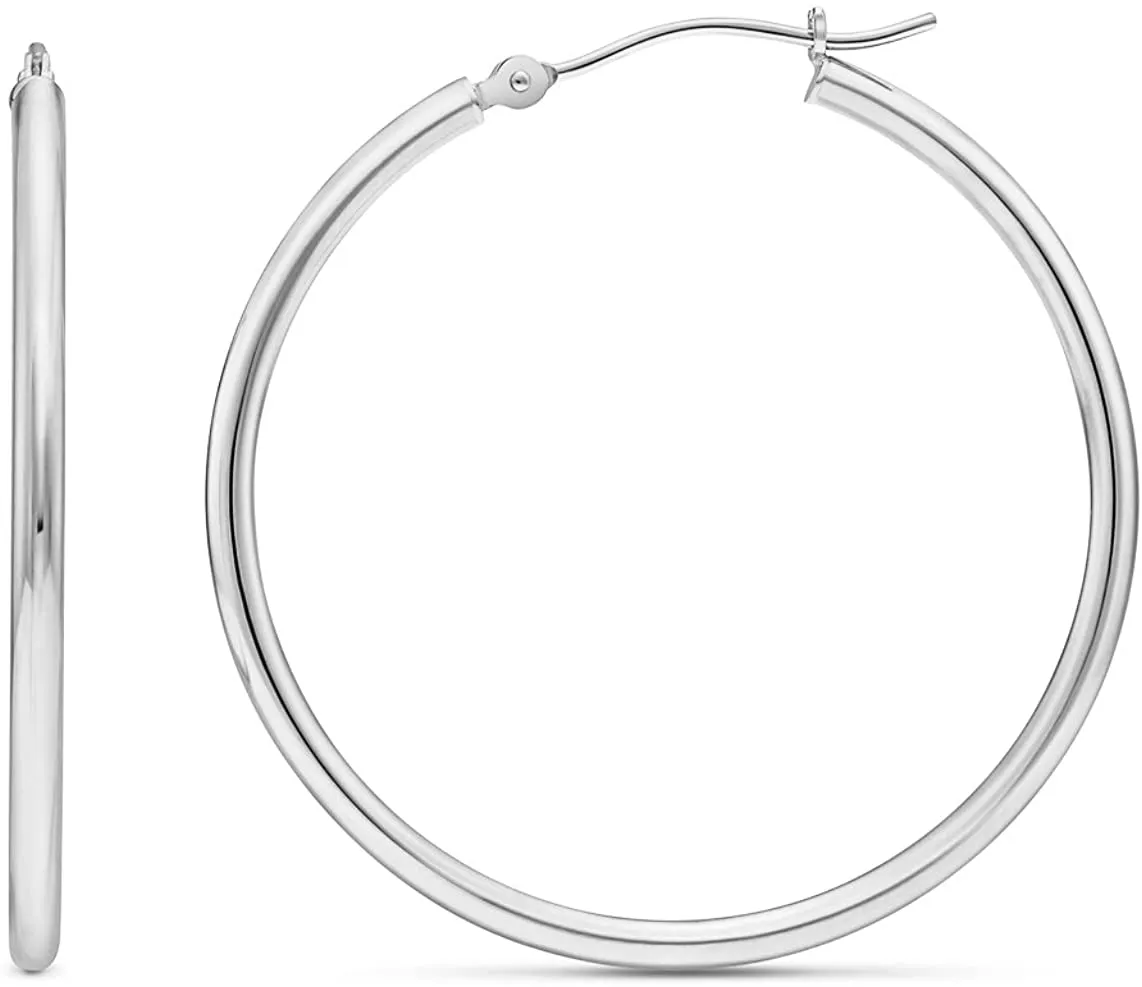 14k White Gold Classic Round Hoop Earrings