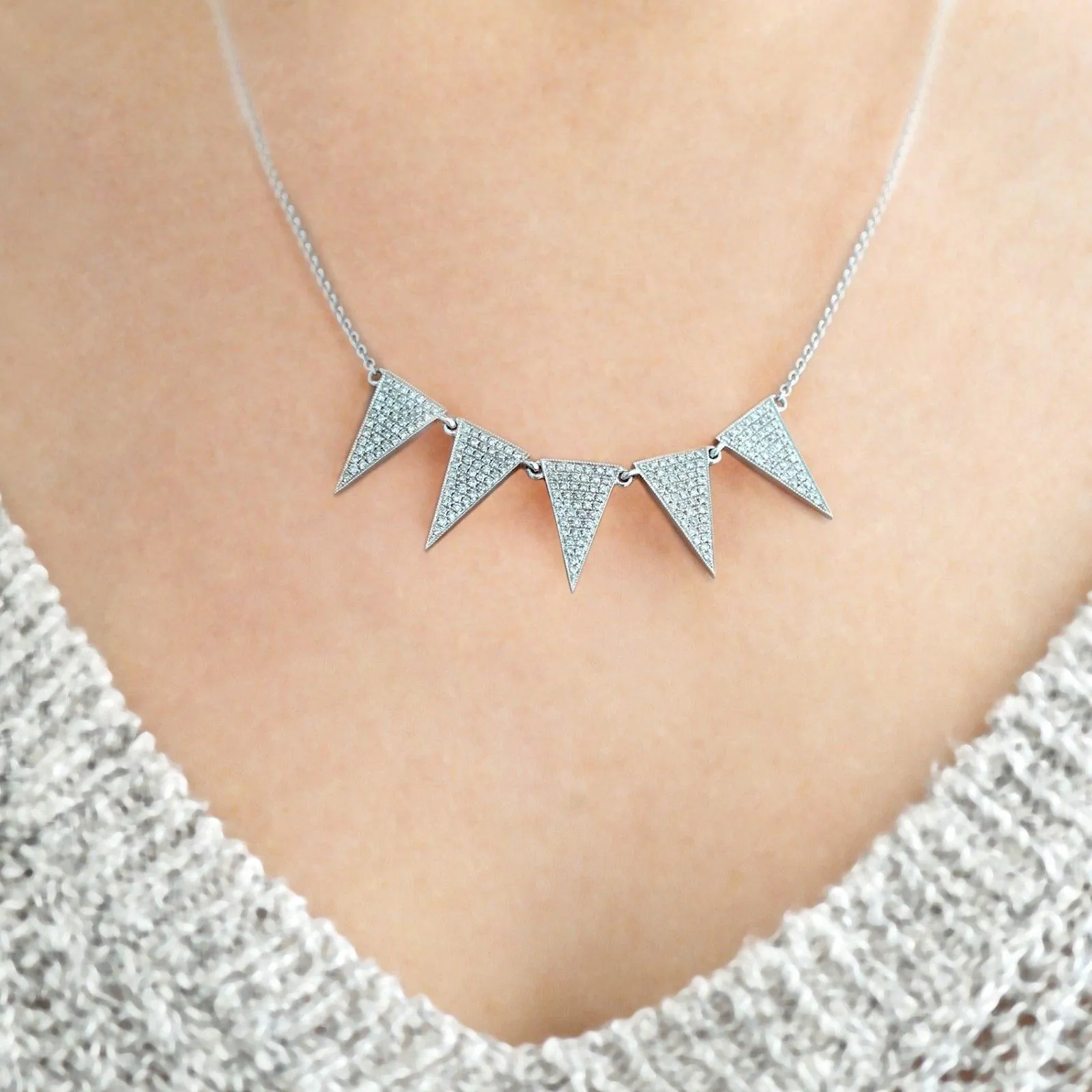 14k White Gold Diamond Triangle Necklace  V0050