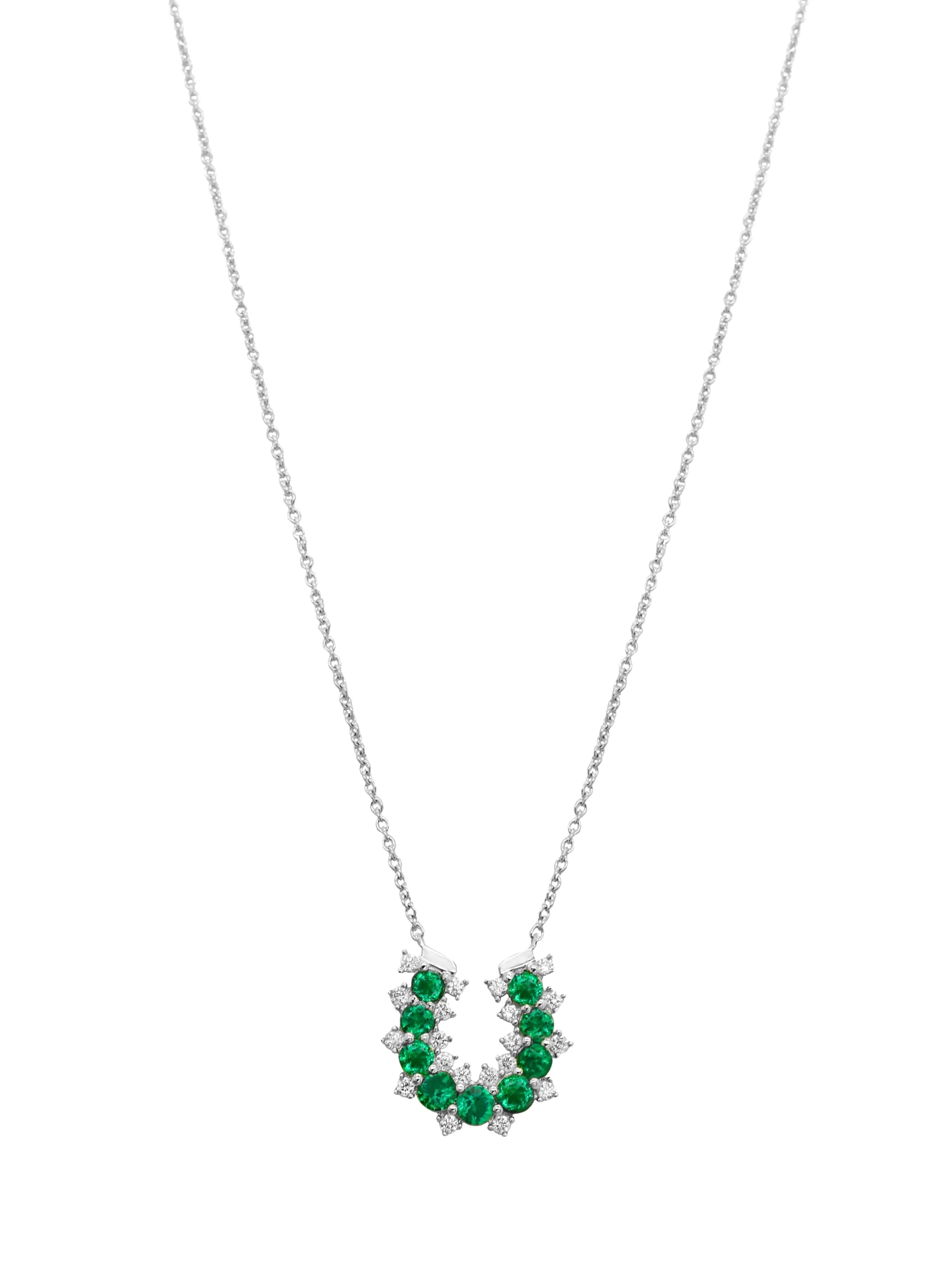 14k White Gold Diamond/Emerald Lucky Horseshoe Necklace