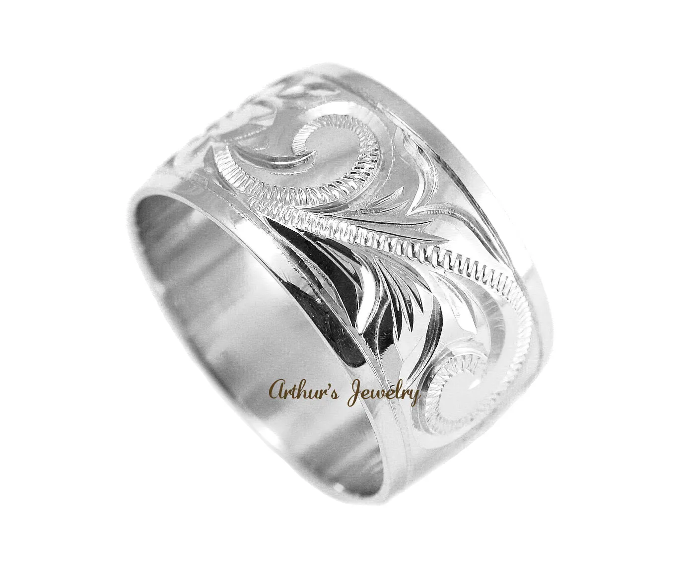 14K WHITE GOLD HAND ENGRAVE HAWAIIAN PLUMERIA SCROLL BAND RING SMOOTH EDGE 15MM
