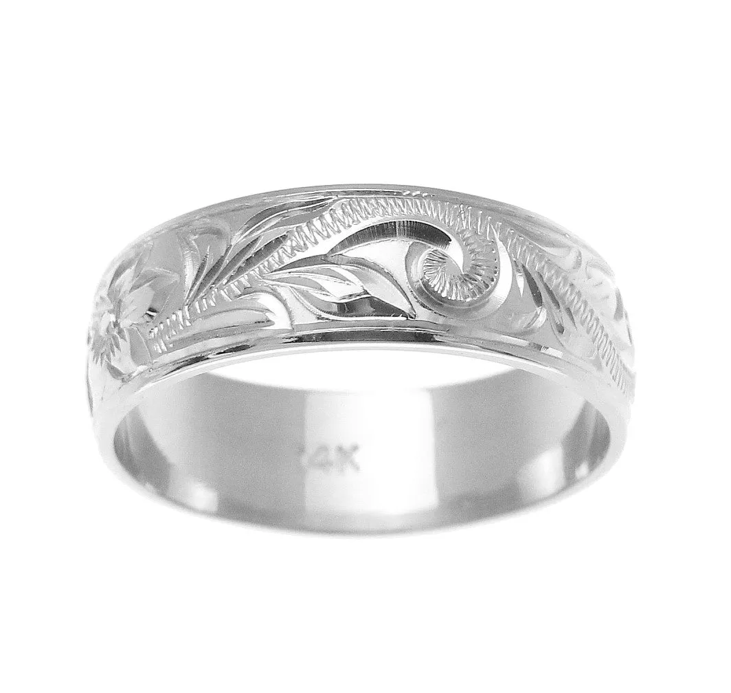 14K WHITE GOLD HAND ENGRAVED HAWAIIAN PLUMERIA SCROLL BAND RING SMOOTH EDGE 6MM