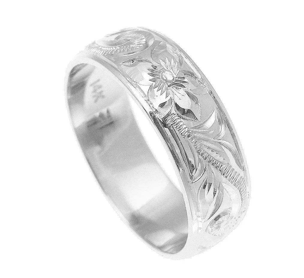 14K WHITE GOLD HAND ENGRAVED HAWAIIAN PLUMERIA SCROLL BAND RING SMOOTH EDGE 6MM