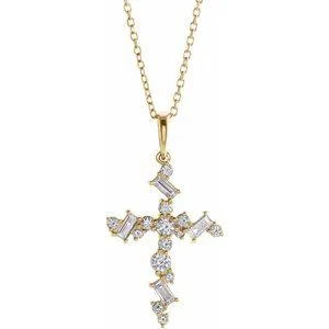 14K Yellow 3/8 CTW Diamond Scattered Cross 16-18" Necklace