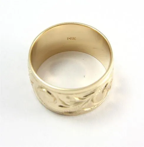 14K YELLOW GOLD HAND ENGRAVE HAWAIIAN PLUMERIA SCROLL BAND RING SMOOTH EDGE 10MM