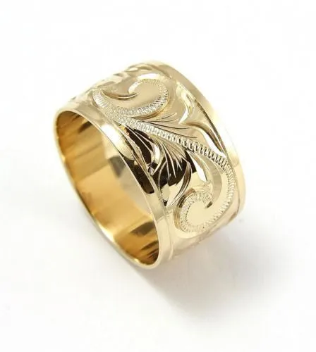14K YELLOW GOLD HAND ENGRAVE HAWAIIAN PLUMERIA SCROLL BAND RING SMOOTH EDGE 10MM