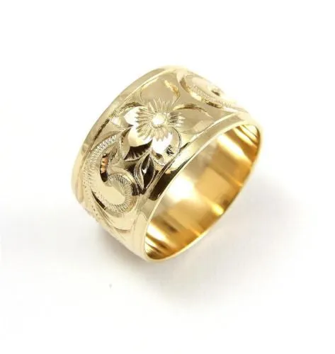 14K YELLOW GOLD HAND ENGRAVE HAWAIIAN PLUMERIA SCROLL BAND RING SMOOTH EDGE 10MM