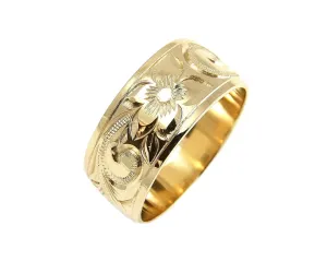 14K YELLOW GOLD HAND ENGRAVE HAWAIIAN PLUMERIA SCROLL BAND RING SMOOTH EDGE 10MM