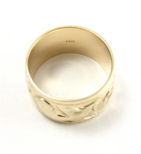 14K YELLOW GOLD HAND ENGRAVE HAWAIIAN PLUMERIA SCROLL BAND RING SMOOTH EDGE 12MM