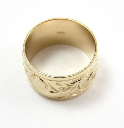14K YELLOW GOLD HAND ENGRAVE HAWAIIAN PLUMERIA SCROLL BAND RING SMOOTH EDGE 15MM