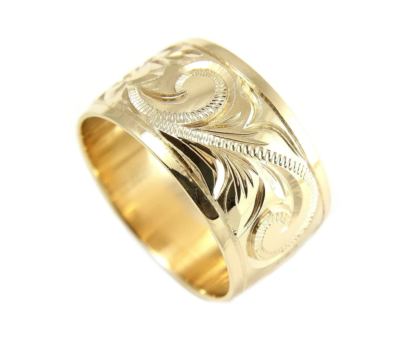 14K YELLOW GOLD HAND ENGRAVE HAWAIIAN PLUMERIA SCROLL BAND RING SMOOTH EDGE 15MM