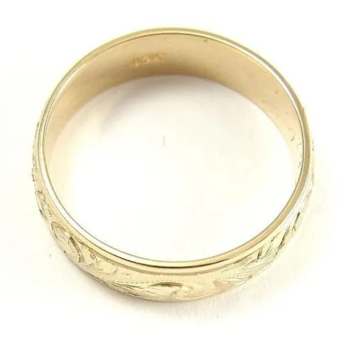 14K YELLOW GOLD HAND ENGRAVED HAWAIIAN PLUMERIA SCROLL BAND RING SMOOTH EDGE 8MM