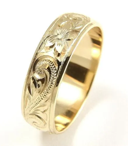14K YELLOW GOLD HAND ENGRAVED HAWAIIAN PLUMERIA SCROLL BAND RING SMOOTH EDGE 8MM