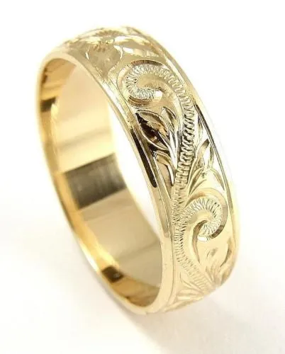 14K YELLOW GOLD HAND ENGRAVED HAWAIIAN PLUMERIA SCROLL BAND RING SMOOTH EDGE 8MM