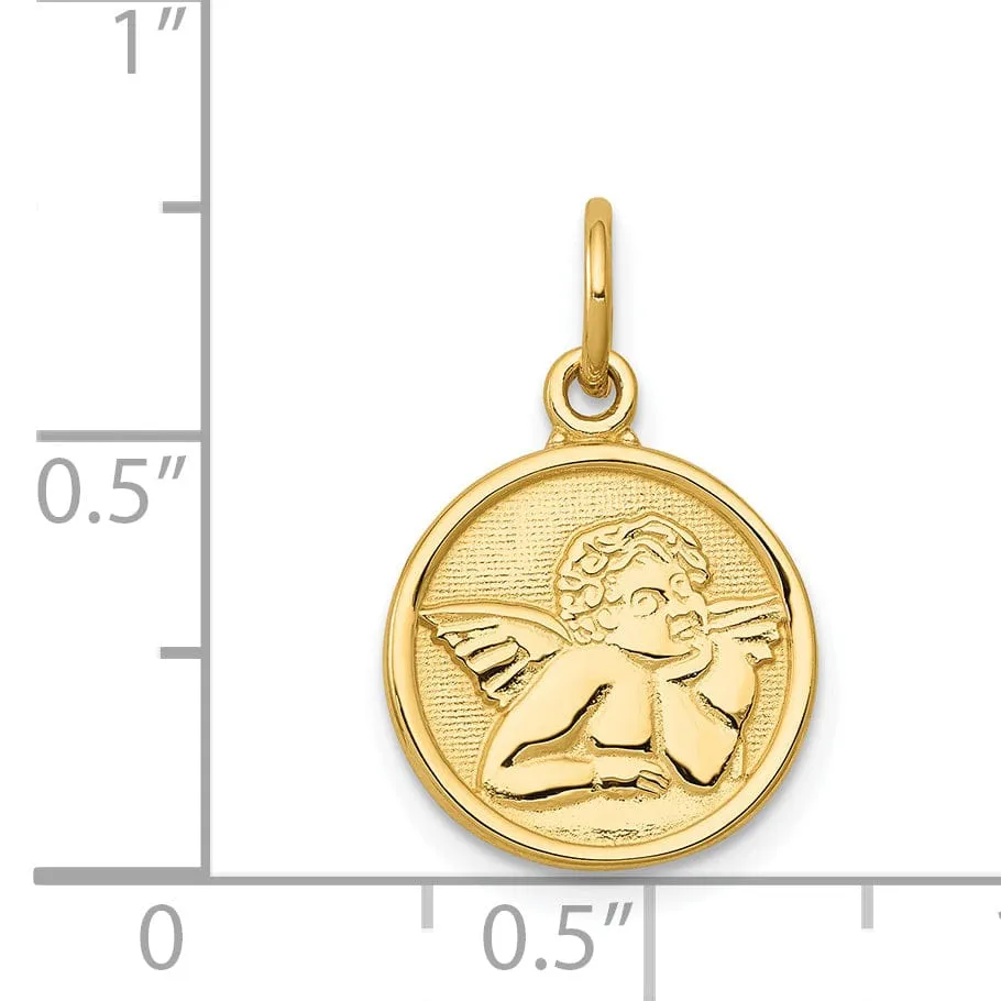 14k Yellow Gold Polished Texture Finish Round Shape Angel Pendant