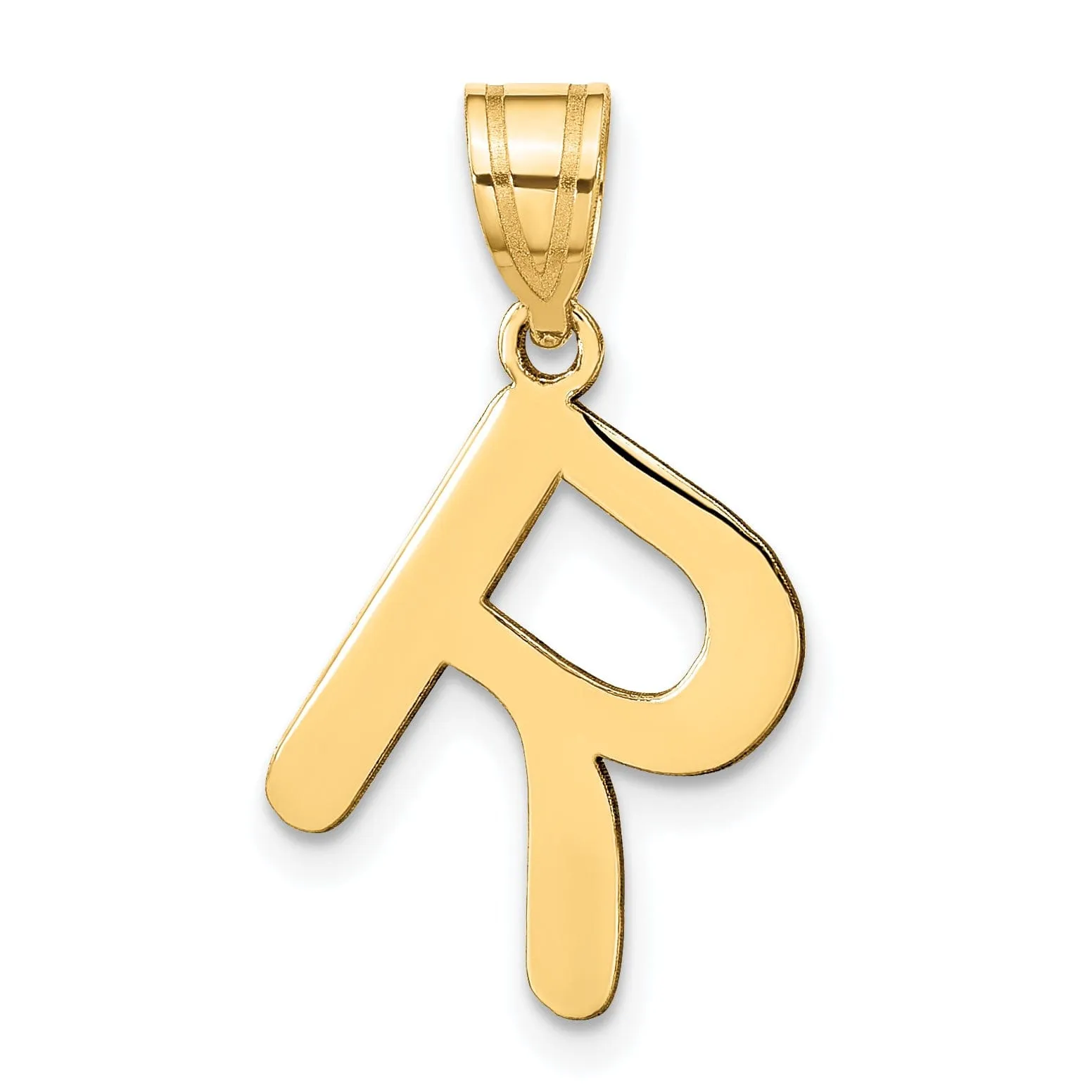 14k Yellow Gold Slanted Design Bubble Letter R Initial Pendant