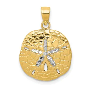 14K Yellow Gold, White Rhodium Polished Diamond-Cut Finish Solid Sand Sea Dollar Charm Pendant