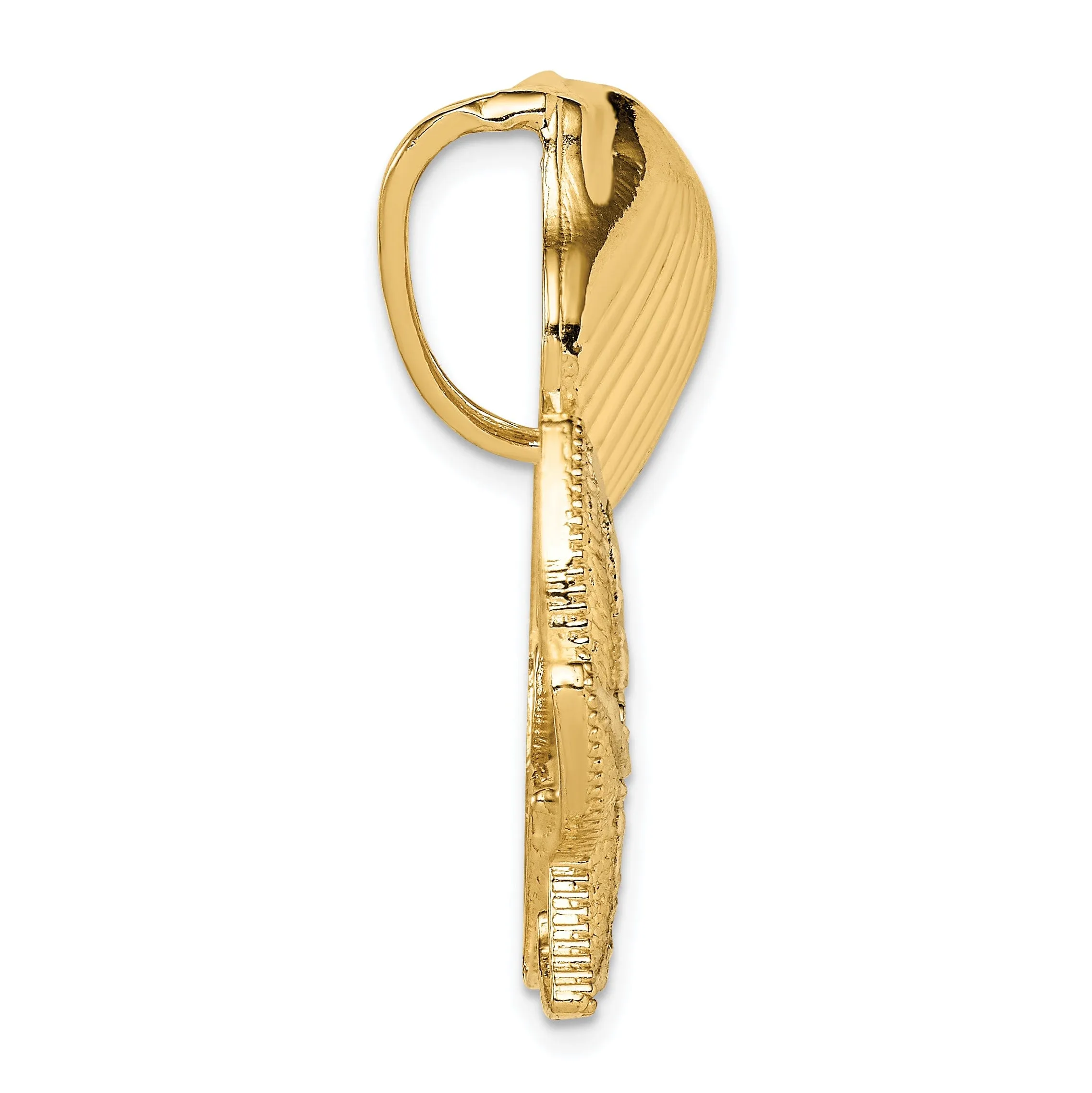 14k Yellow Gold White Rhodium Solid Polished Textured Finish Scallop, Starfish and Sand Dollar Design Slide Pendant Fits up to 8mm Fancy Omega Chain