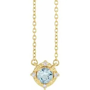 14K Yellow Natural Aquamarine & .04 CTW Natural Diamond Halo-Style 18" Necklace