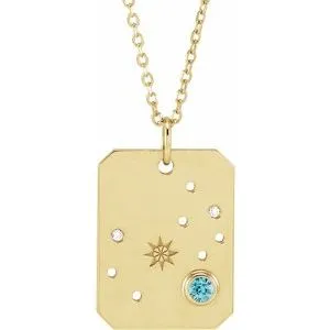 14K Yellow Natural Blue Zircon & .01 Natural Diamond Scorpio Constellation 16-18" Necklace