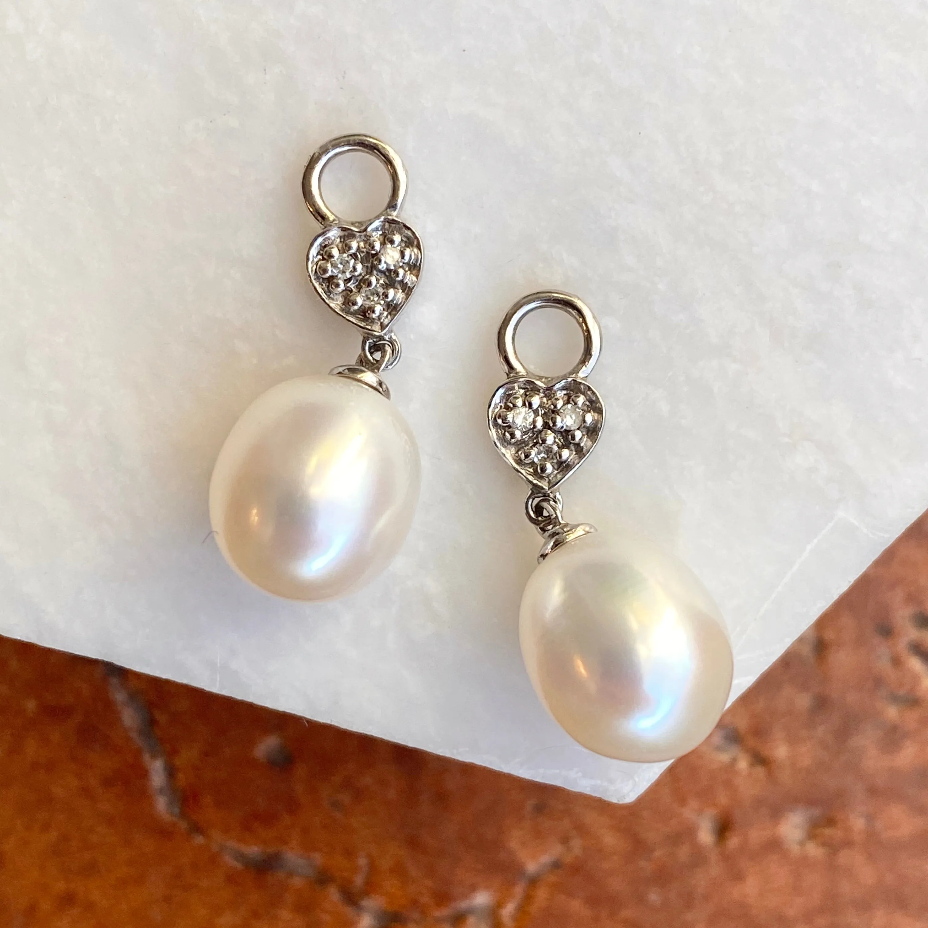 14KT White Gold Diamond Heart   White Pearl Earring Charms