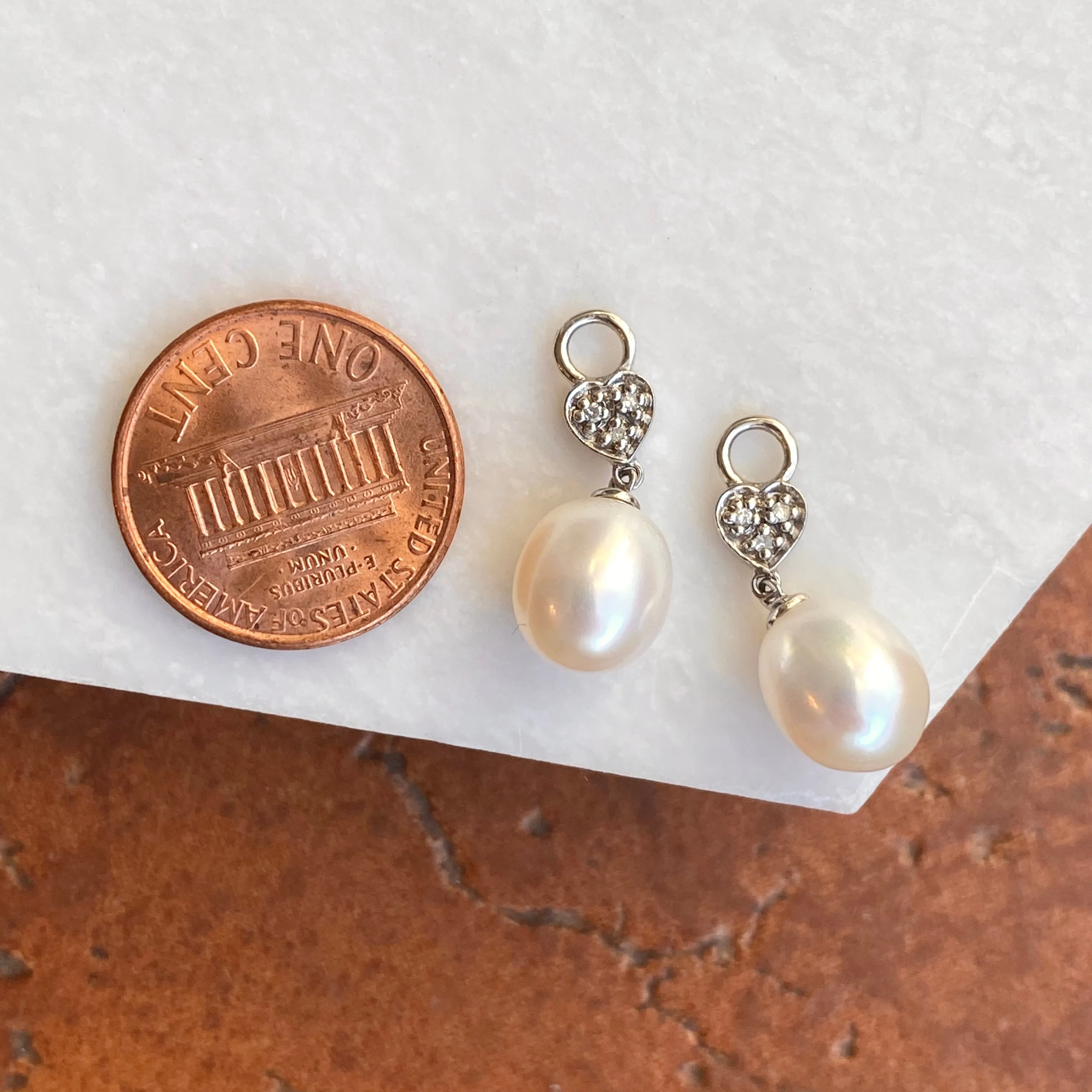 14KT White Gold Diamond Heart   White Pearl Earring Charms