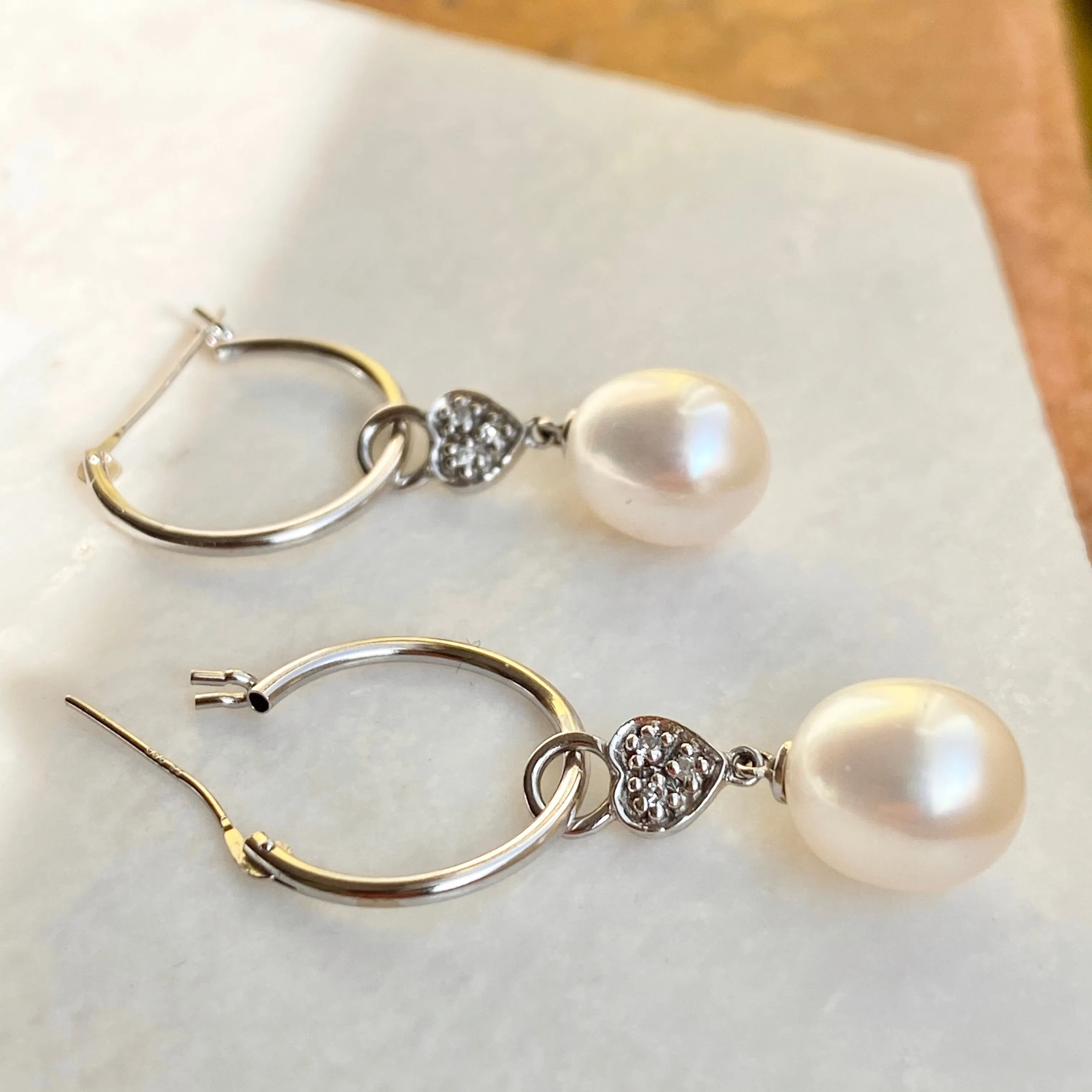 14KT White Gold Diamond Heart   White Pearl Earring Charms
