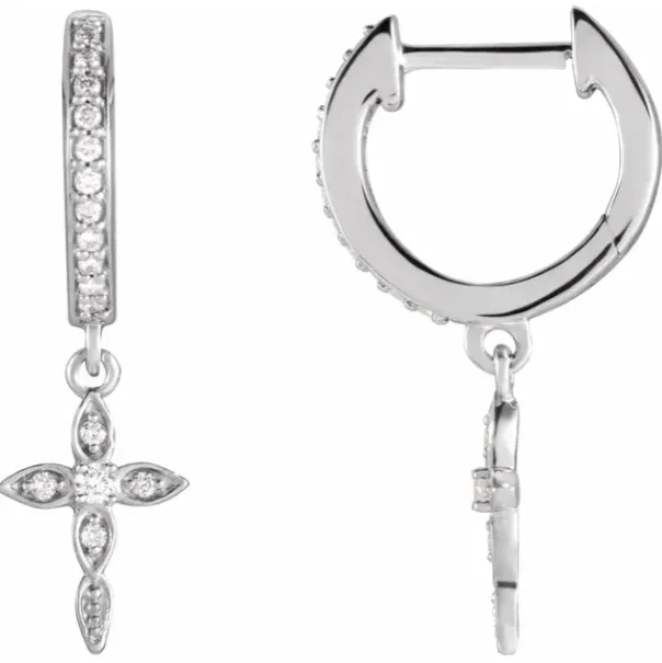 14KT White Gold Diamond Huggie Hoops Cross Charms Earrings