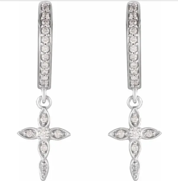 14KT White Gold Diamond Huggie Hoops Cross Charms Earrings
