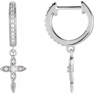 14KT White Gold Diamond Huggie Hoops Cross Charms Earrings