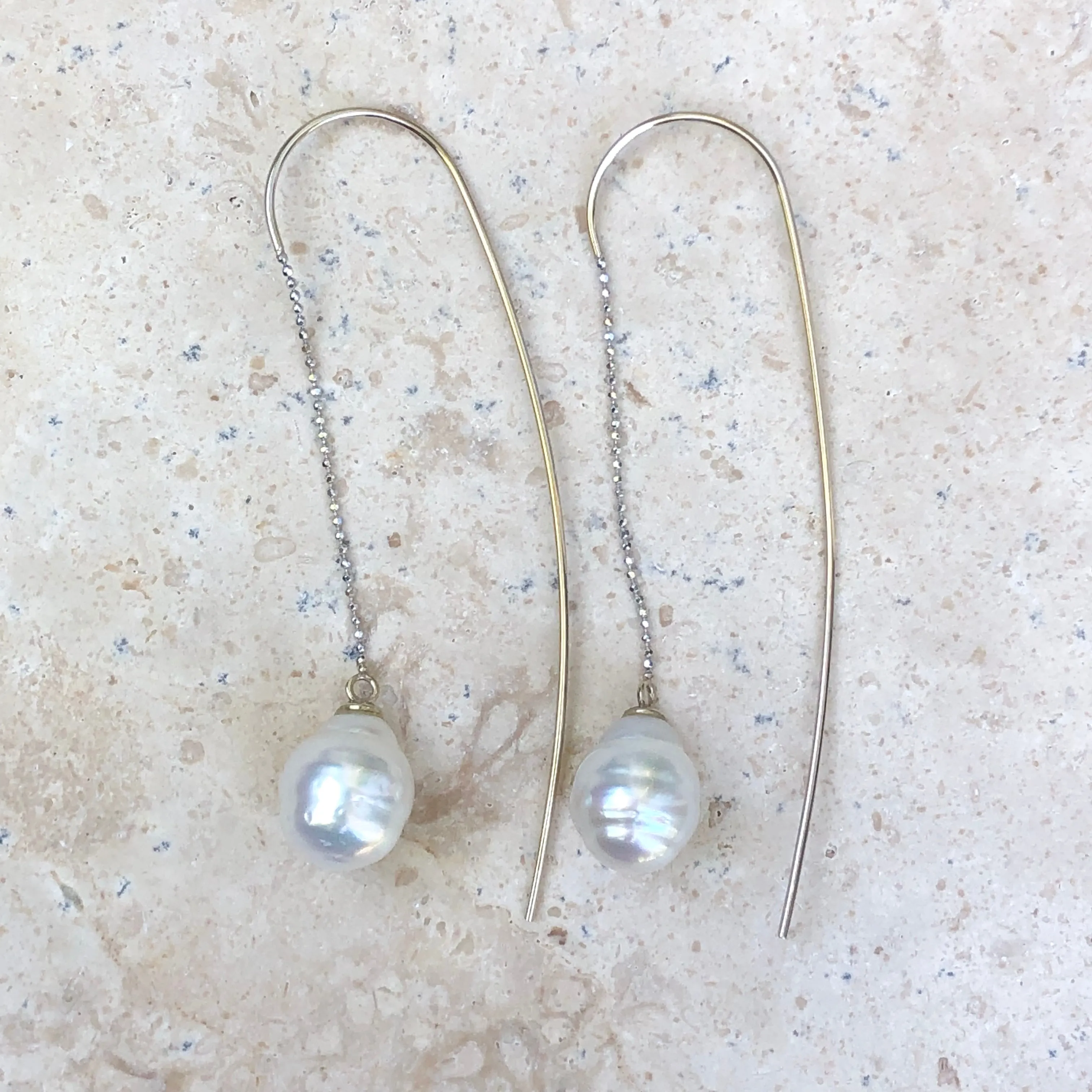 14KT White Gold Paspaley South Sea Pearl Long Chain Wire Threader Earrings