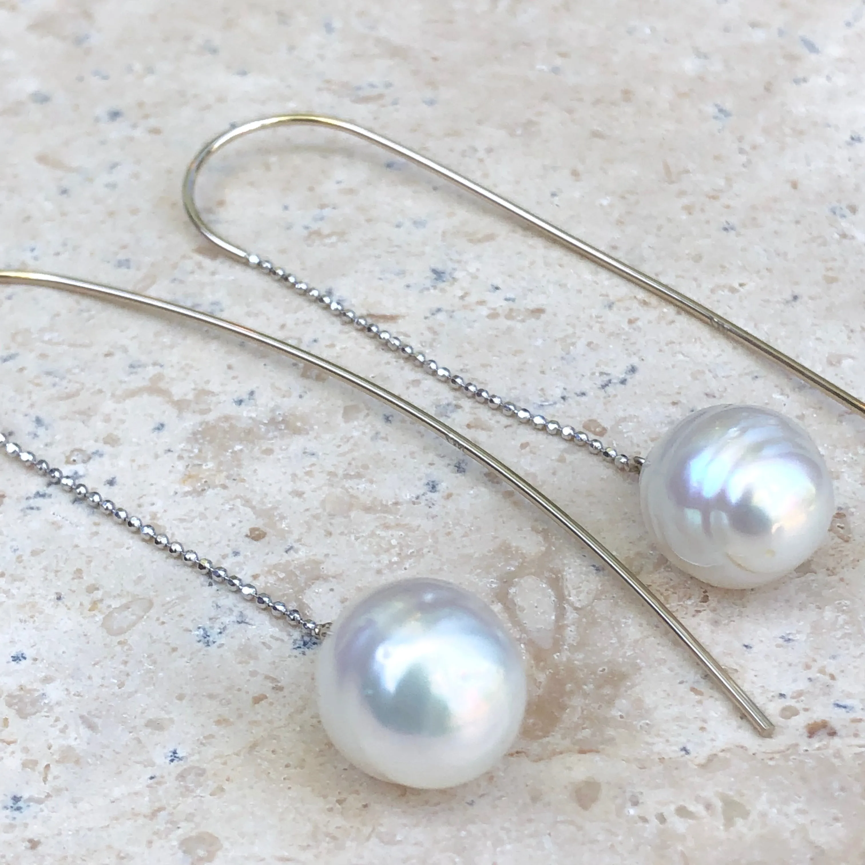 14KT White Gold Paspaley South Sea Pearl Long Chain Wire Threader Earrings
