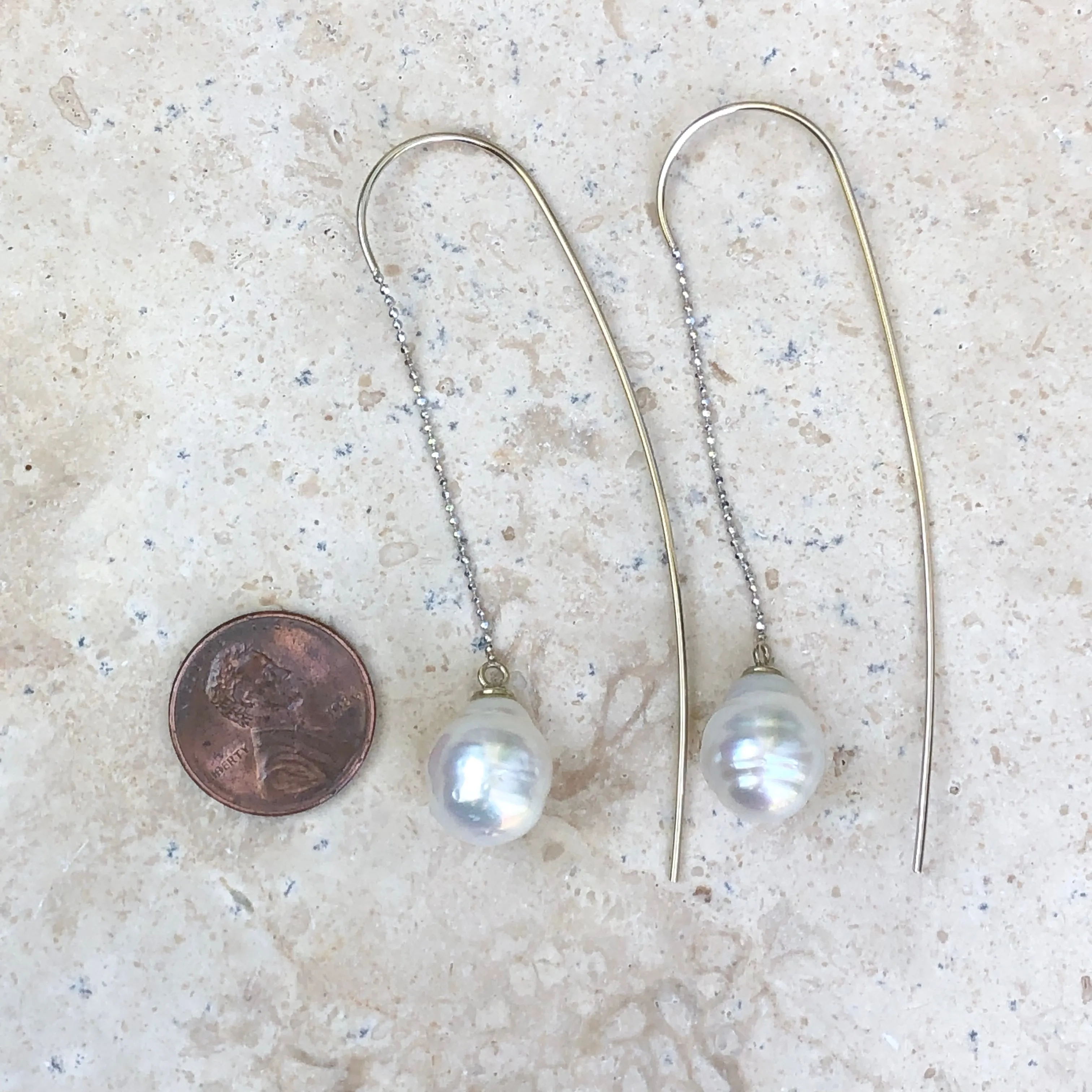 14KT White Gold Paspaley South Sea Pearl Long Chain Wire Threader Earrings
