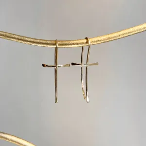 14KT Yellow Gold Curved Cross Thin Ear Wire Earrings