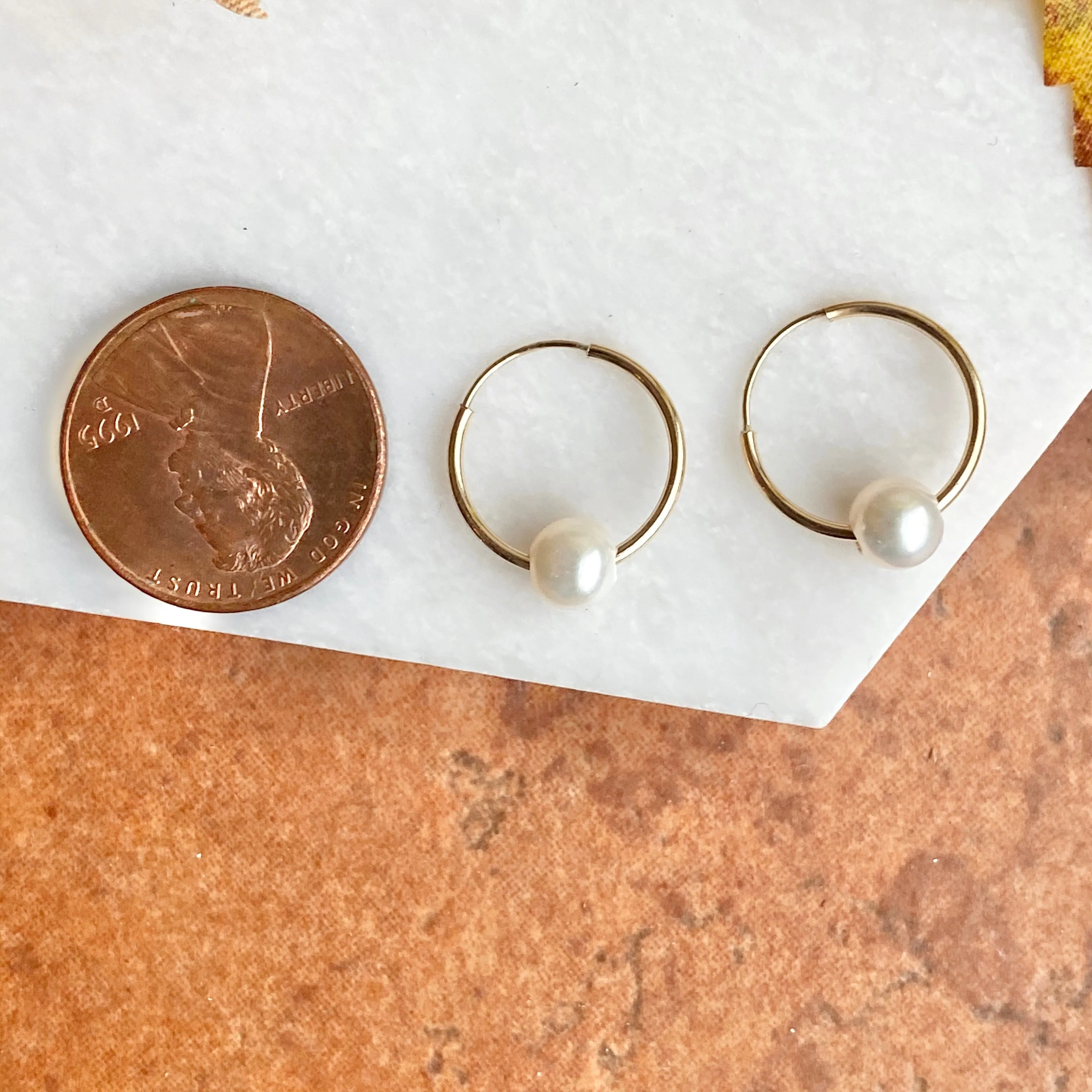 14KT Yellow Gold Freshwater Pearl Small Endless Hoop Earrings