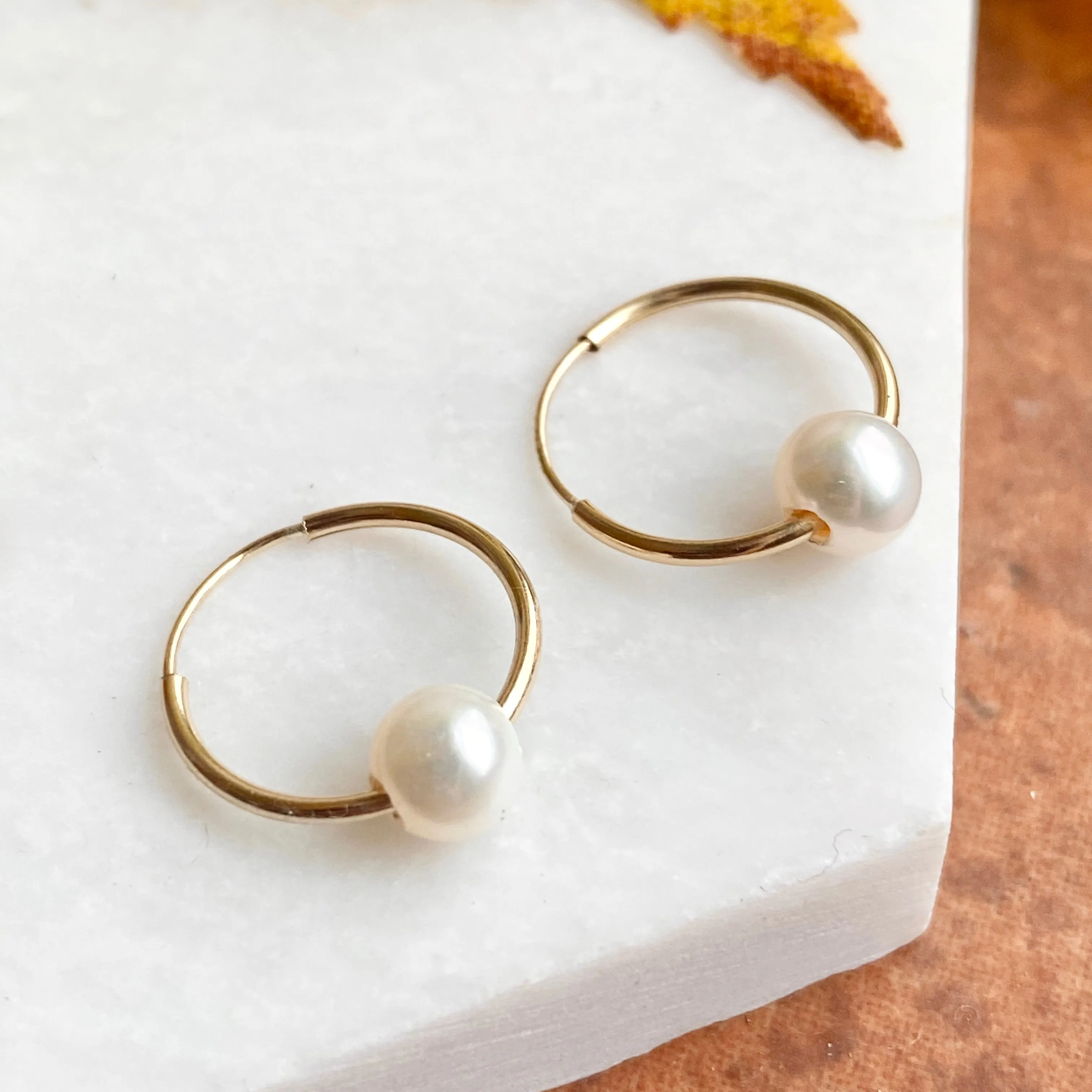 14KT Yellow Gold Freshwater Pearl Small Endless Hoop Earrings