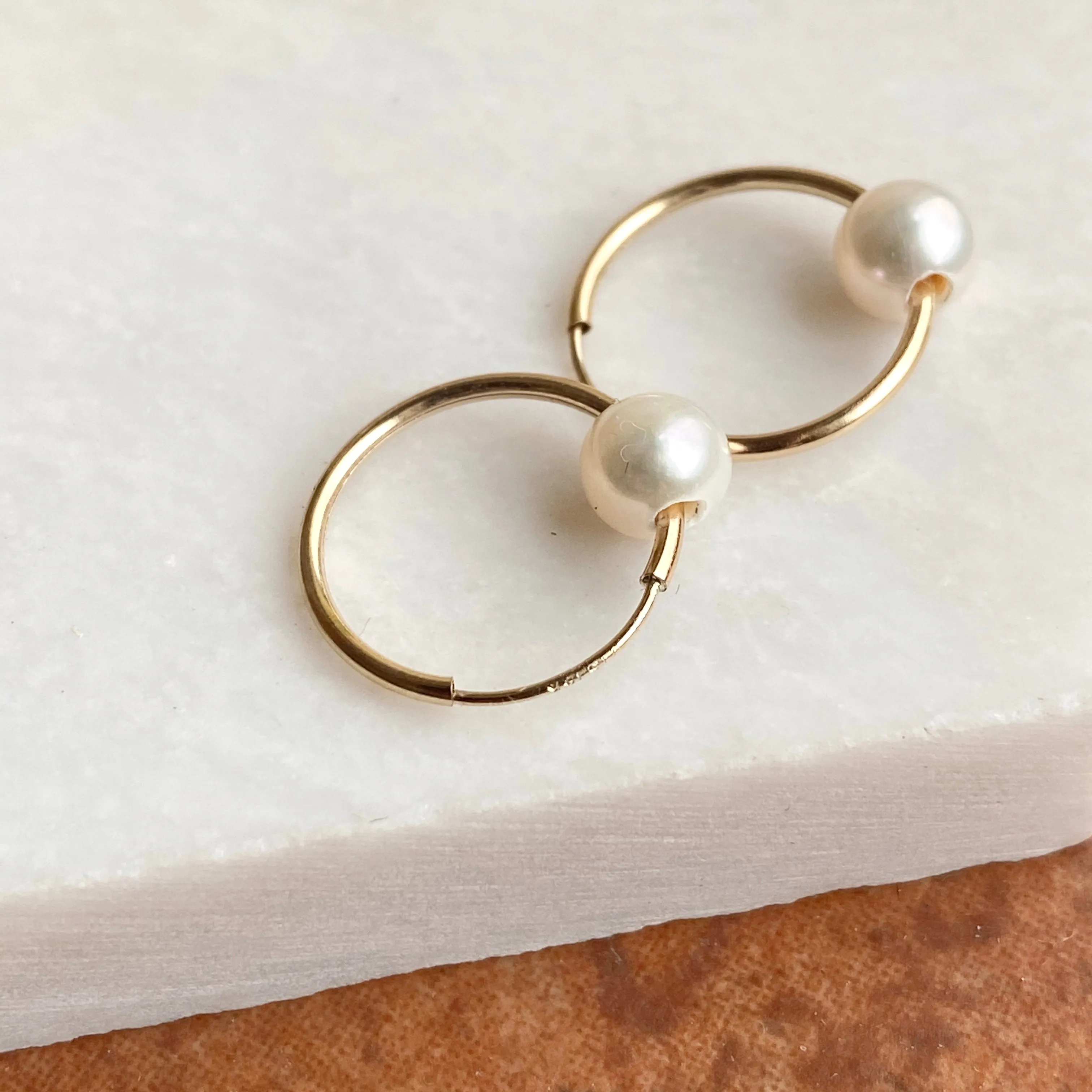 14KT Yellow Gold Freshwater Pearl Small Endless Hoop Earrings