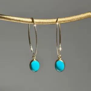 14KT Yellow Gold Oval Turquoise Theader Oval Wire Earrings