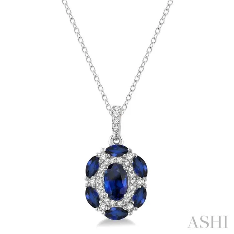 1/6 Ctw Oval 6x4 MM & Marquise 4x2 MM Sapphire and Round Cut Diamond Precious Pendant With Chain in 14K White Gold