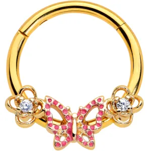 16 Gauge 3/8 Clear CZ Gem Gold Hue Sweet Butterfly Hinged Segment Ring