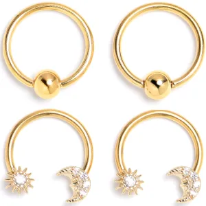 16 Gauge 3/8 Clear Gem Gold Tone Moon Sun BCR Captive Horseshoe Set of 4