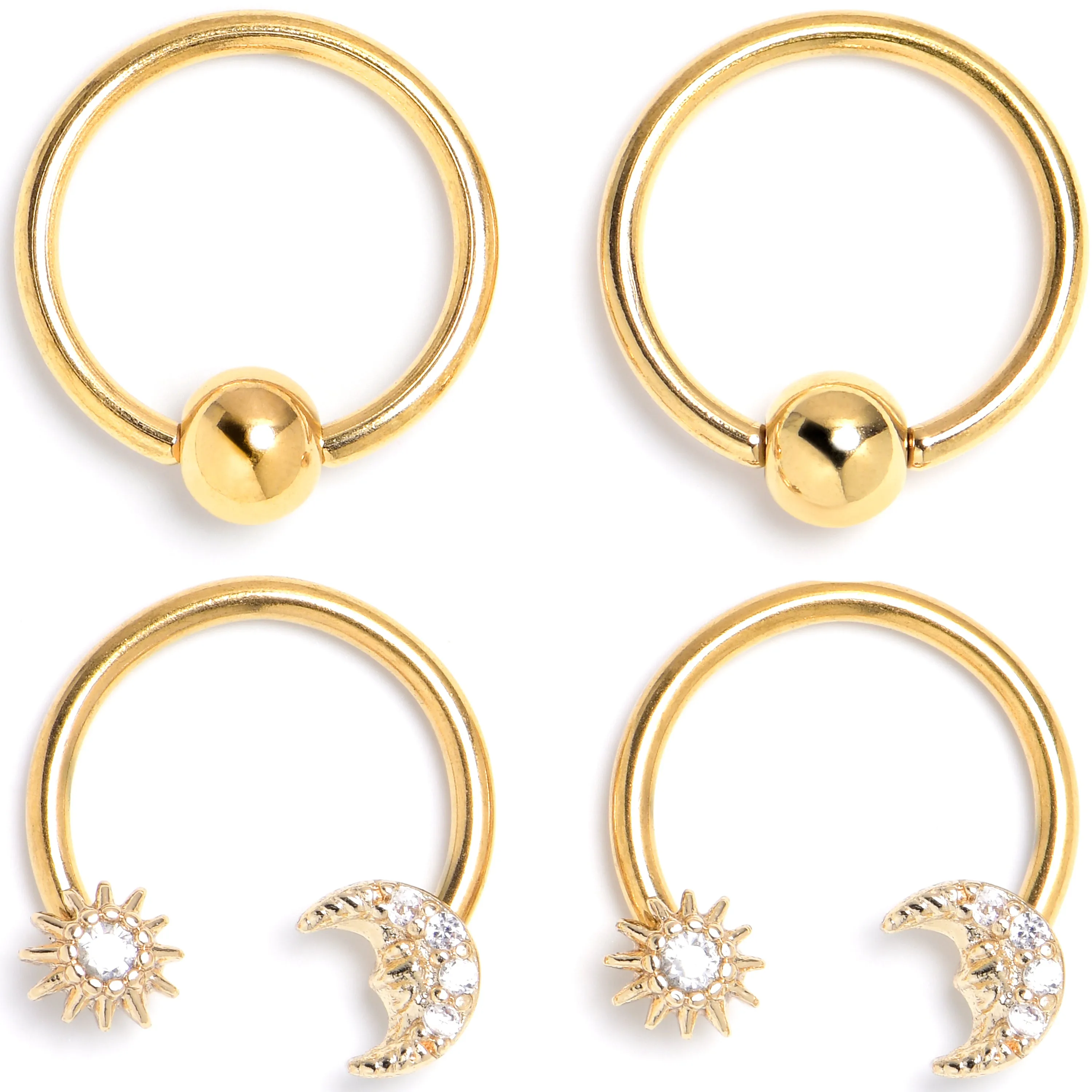 16 Gauge 3/8 Clear Gem Gold Tone Moon Sun BCR Captive Horseshoe Set of 4