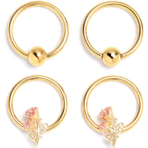 16 Gauge 3/8 Gold Tone Regal Rose BCR Captive Ring Set of 4
