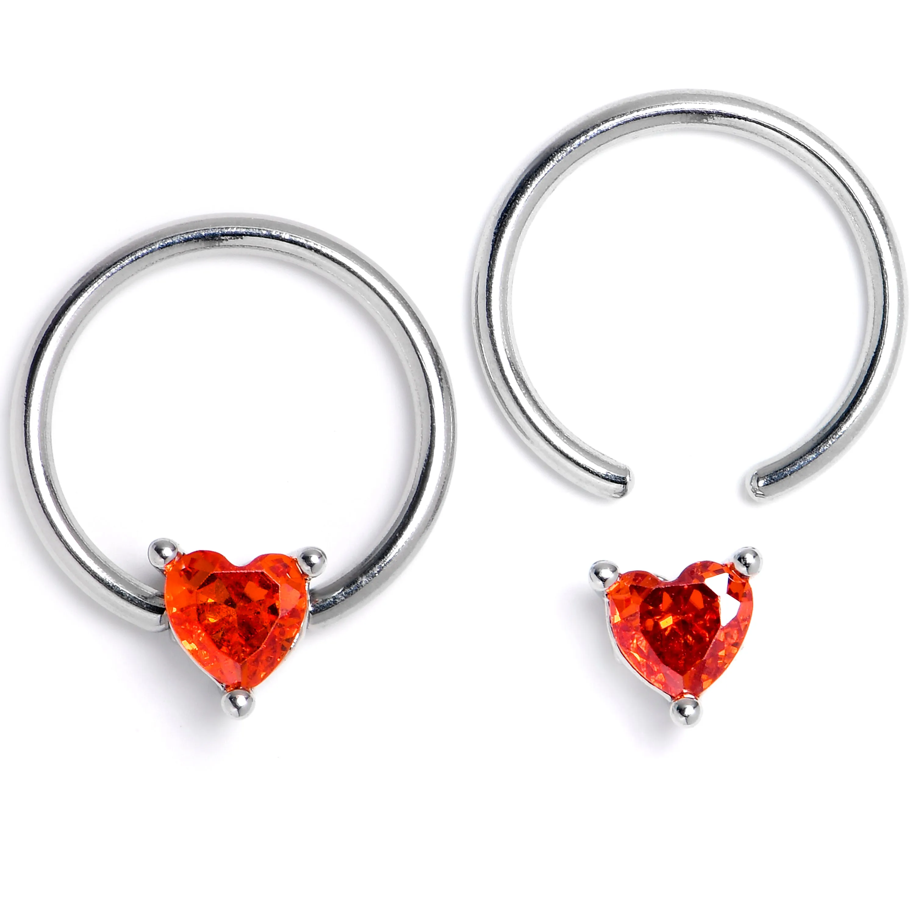 16 Gauge 3/8 Red Gem Heart BCR Captive Ring Set of 4