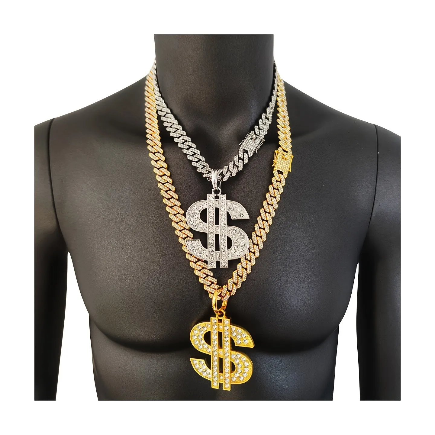 18K Alloy Plated Cuban Chain Necklace with Diamond Faux Diamond Pendant
