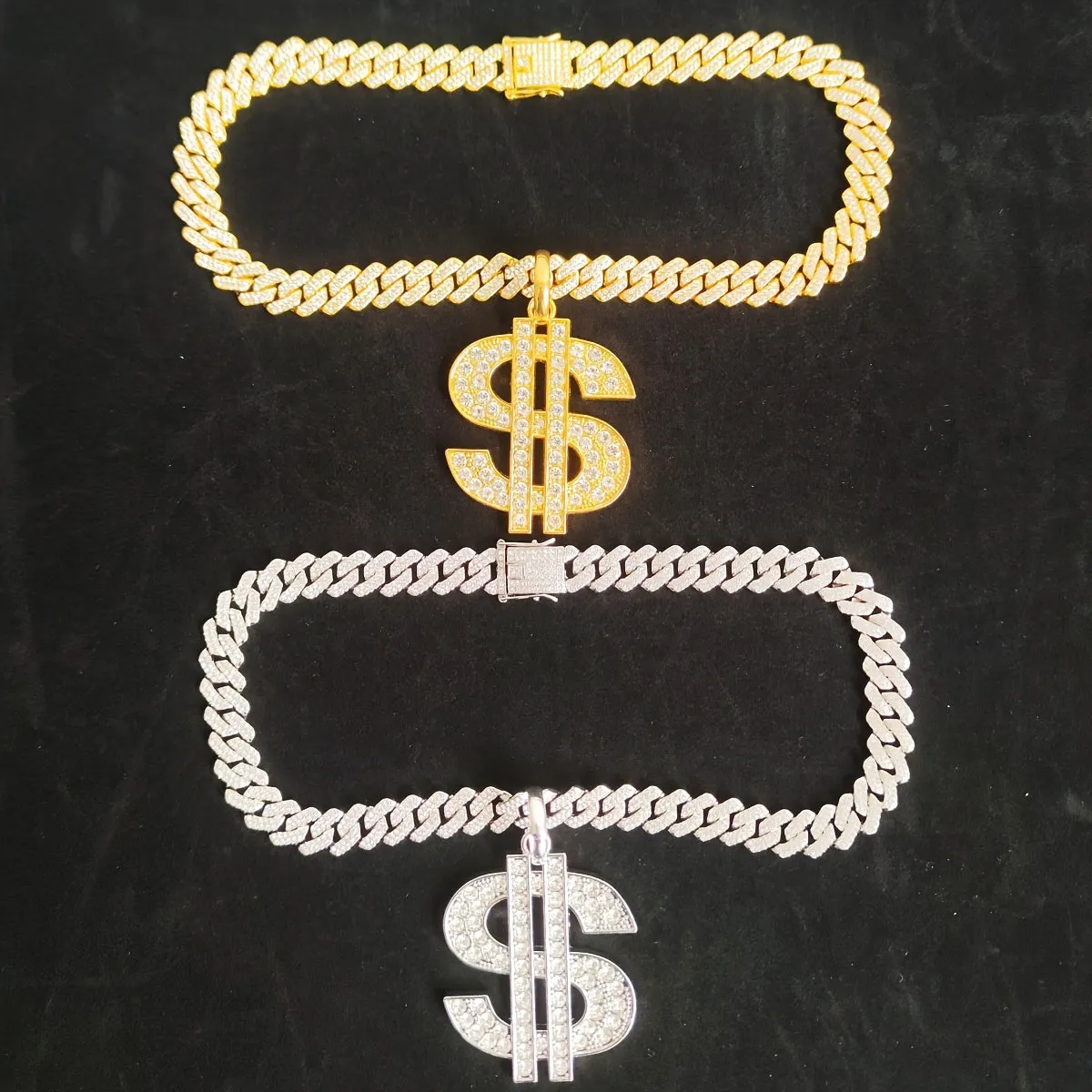 18K Alloy Plated Cuban Chain Necklace with Diamond Faux Diamond Pendant