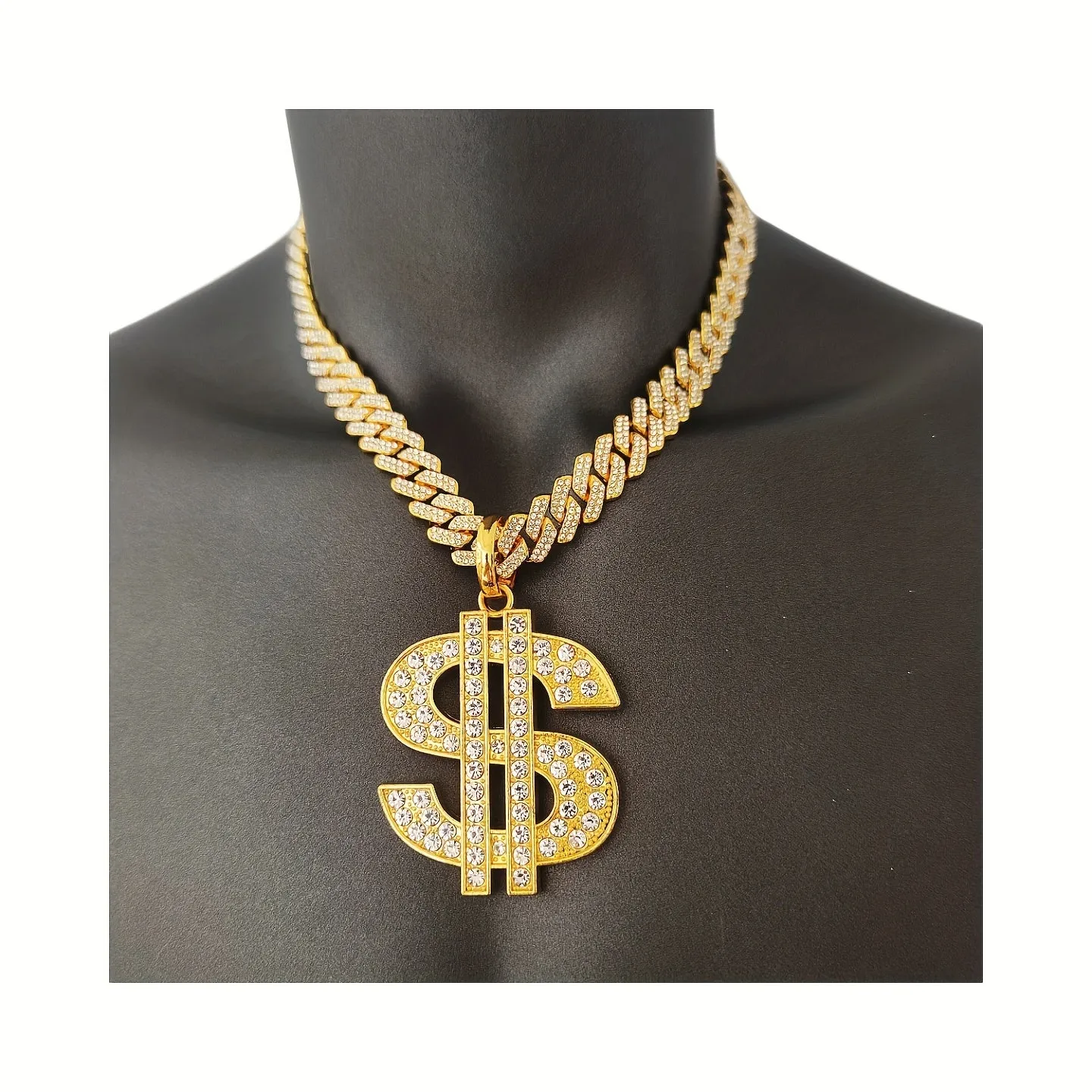 18K Alloy Plated Cuban Chain Necklace with Diamond Faux Diamond Pendant