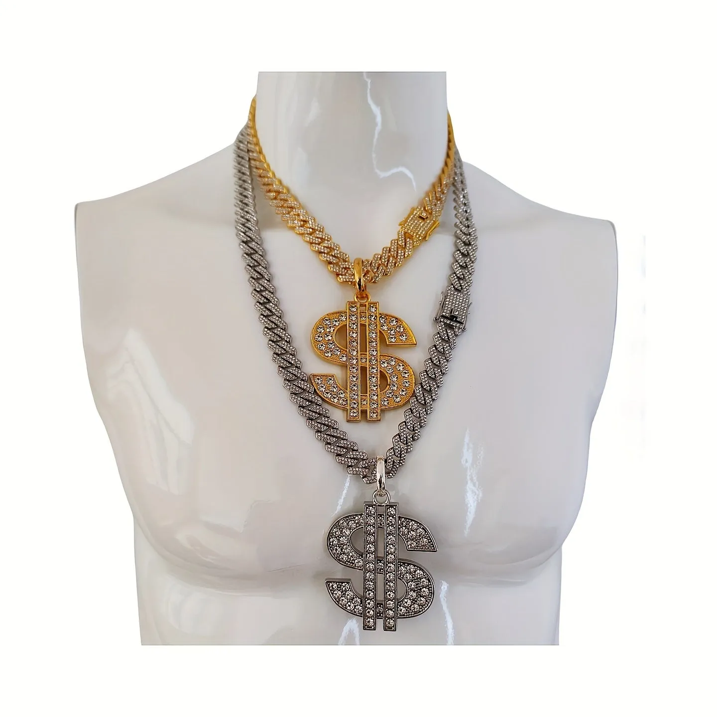 18K Alloy Plated Cuban Chain Necklace with Diamond Faux Diamond Pendant