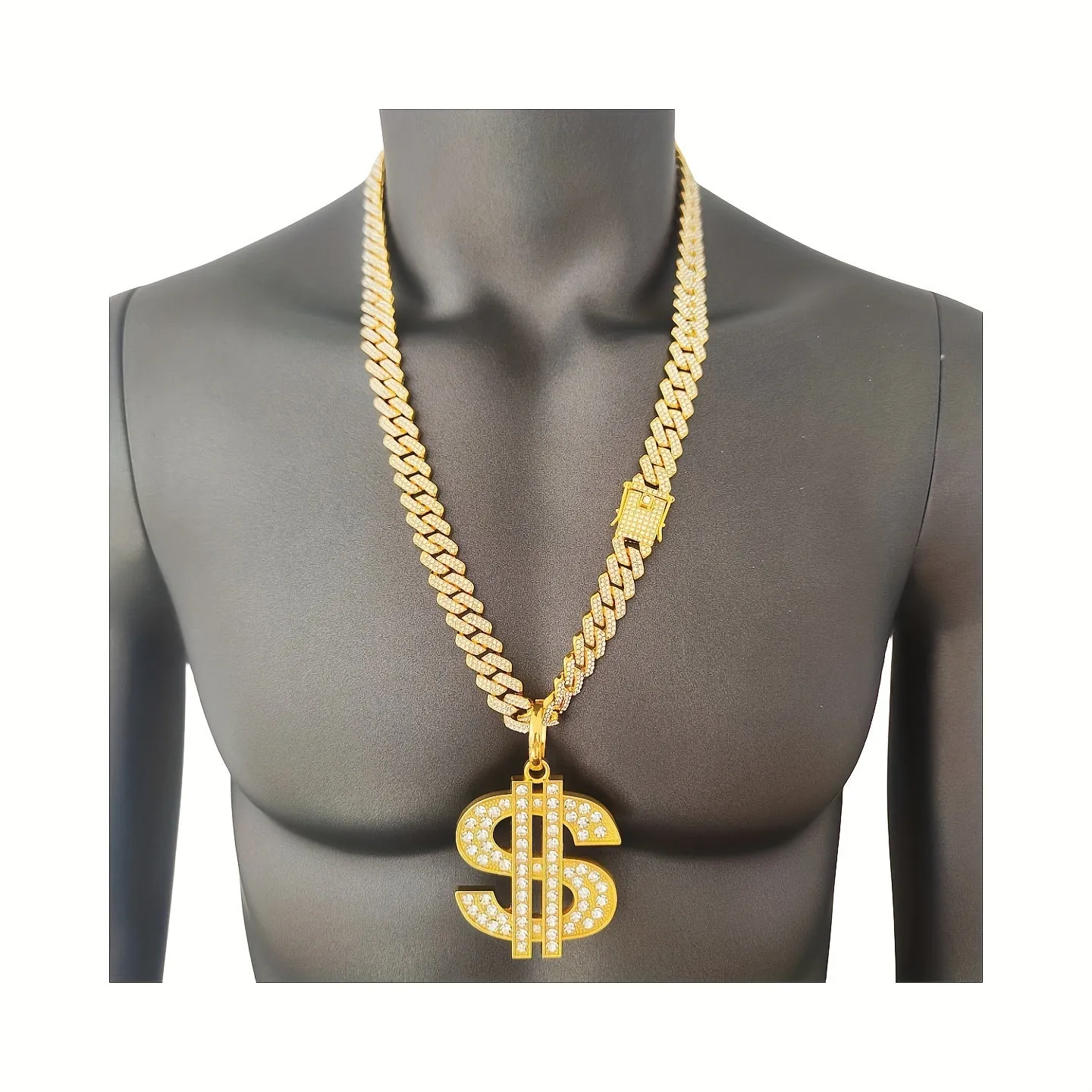 18K Alloy Plated Cuban Chain Necklace with Diamond Faux Diamond Pendant