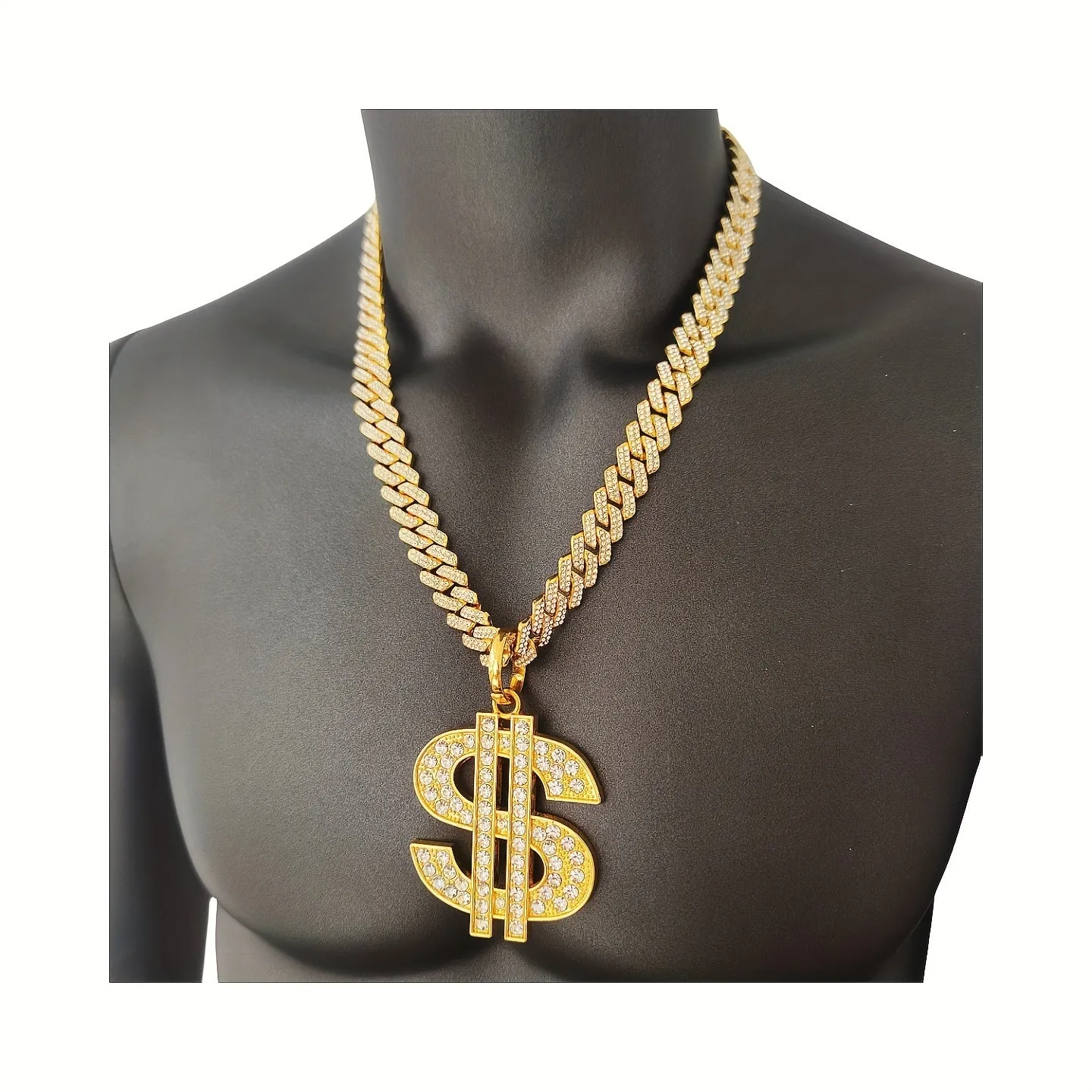 18K Alloy Plated Cuban Chain Necklace with Diamond Faux Diamond Pendant